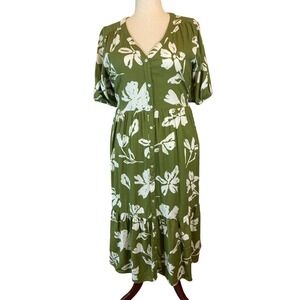 Floral Green Dress Boho Tiered Button Midi Size Large Linen Blend